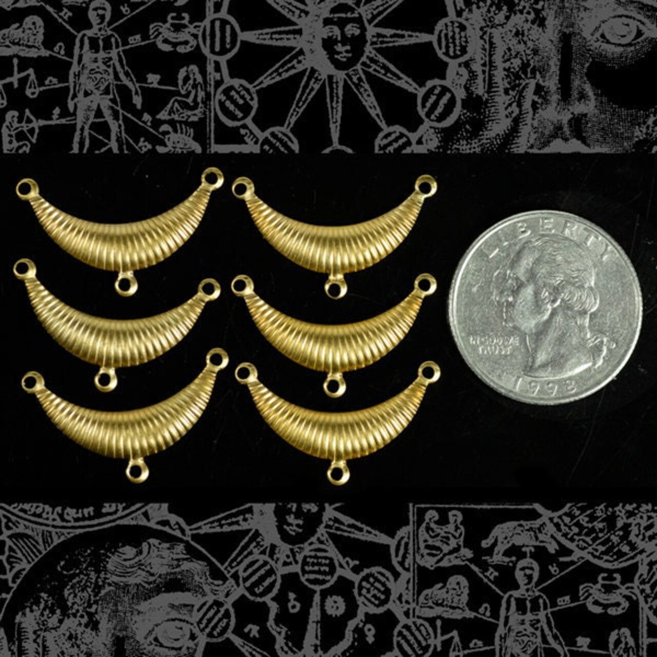 Raw Brass Half Moon Art Deco Three Way Connectors - Set of Six - B-3C15